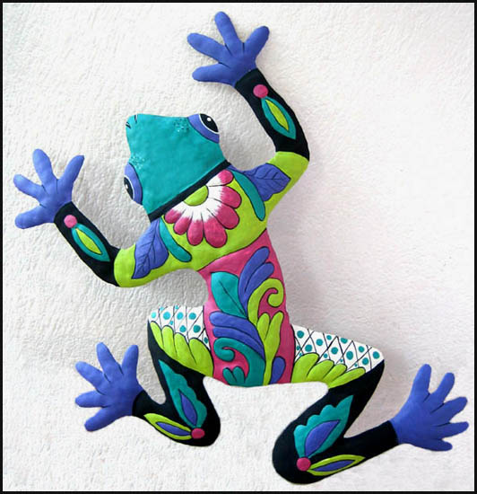 Painted Metal Frog Garden Art - Blue & Turquoise Handcrafted Wall Hanging - 18" x 24"